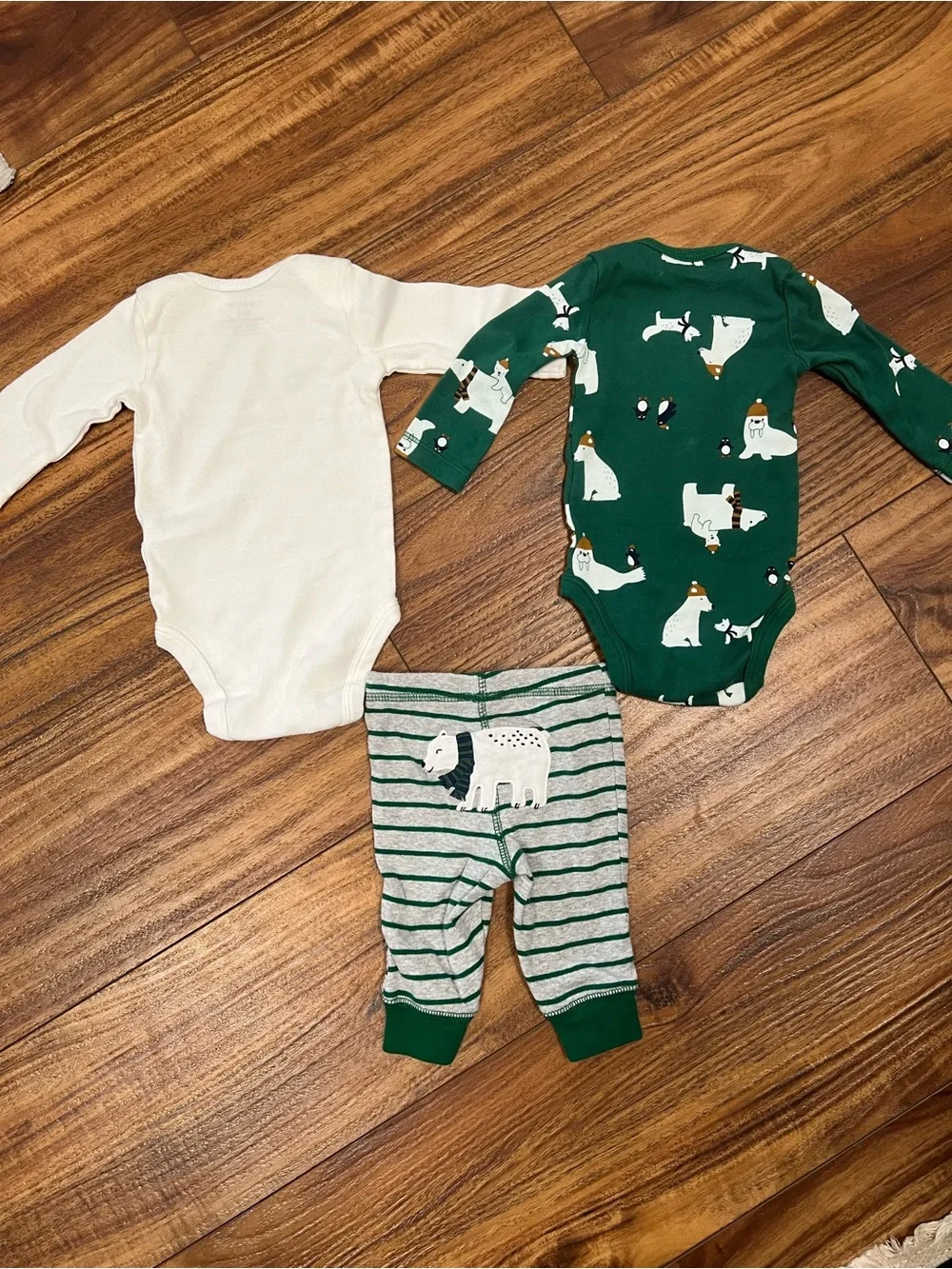 Carter’s 3M Onesie/Pant, Pjs, Outfit Bundle (5) - Winter, Green, White, Striped